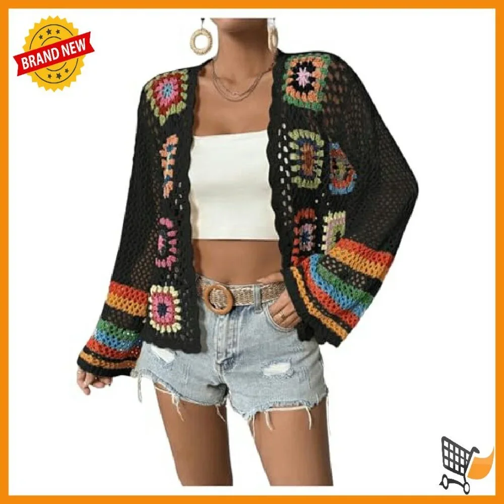 Floral Crochet Cardigan Long Sleeve Open Front Lightweight Sweater - Picture 7 of 7